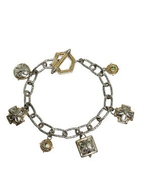 Two-Tone Silver and Gold Peridot Charm Link Bracelet 7" Kate Landry